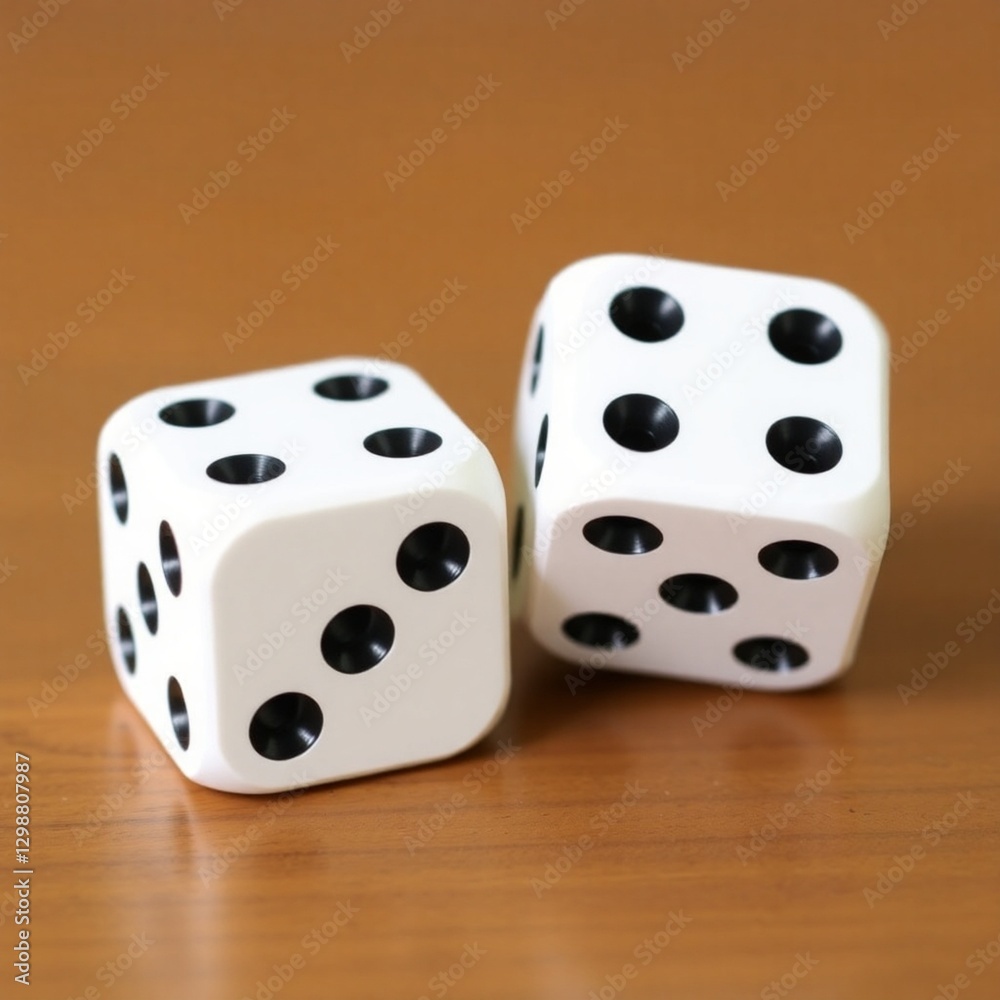 High-resolution stock photo of two six-sided dice with precisely cut-out black dots, showcasing a clean commercial aesthetic High-resolution stock photo of two six-sided dice with precisely cut-out black dots, showcasing a clean commercial aesthetic