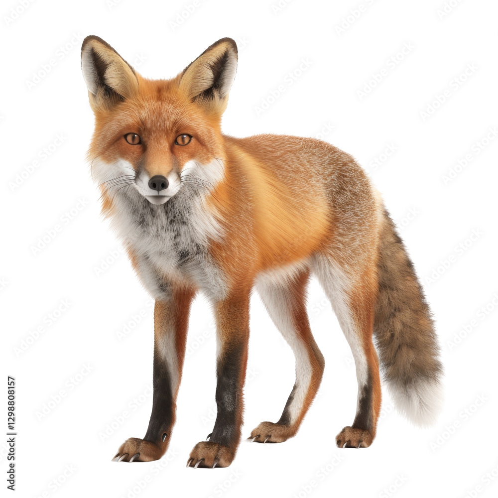 Fototapeta premium Curious red fox with pointed ears and fluffy tail standing attentively in a neutral space