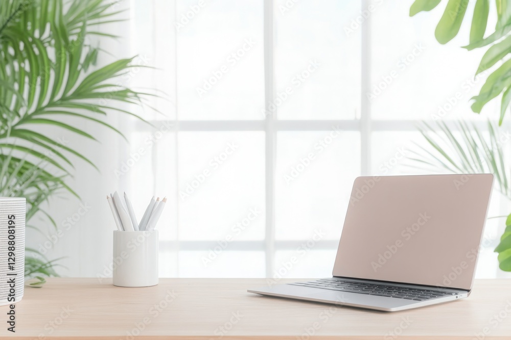 Fototapeta premium minimalistic and modern office desk setup with sleek laptop on wooden table surrounded by greenery for touch of nature