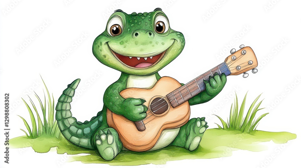 Fototapeta premium Cheerful cartoon lizard playing guitar in a grassy landscape