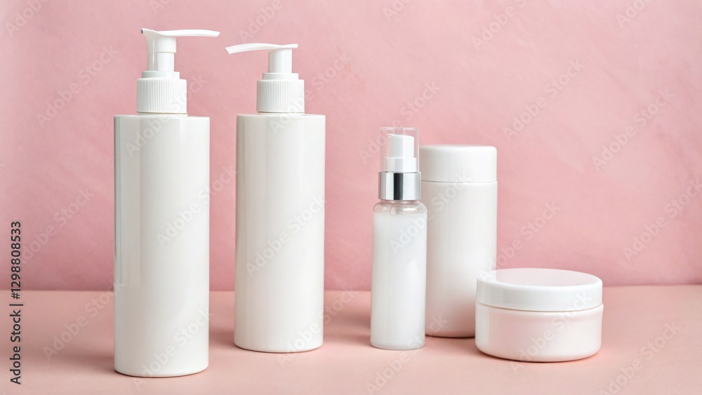 A serene arrangement of white cosmetic containers on a soft pink background, showcasing a minimalist and elegant aesthetic. A serene arrangement of white cosmetic containers on a soft pink background, showcasing a minimalist and elegant aesthetic.