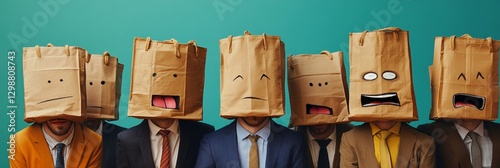 A group of people wearing paper bags with different funny facial expressions stand against a teal background, showcasing humor, anonymity, and creative expression.