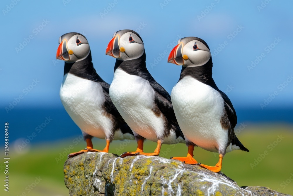 Fototapeta premium A group of puffins nesting on a remote coastal cliffside, overlooking the deep blue sea