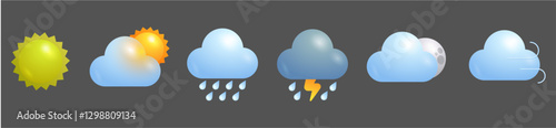 Colorful 3d soft ui weather icons set fill style, Weather icons isolated. Clouds logo and sign, vector illustration.