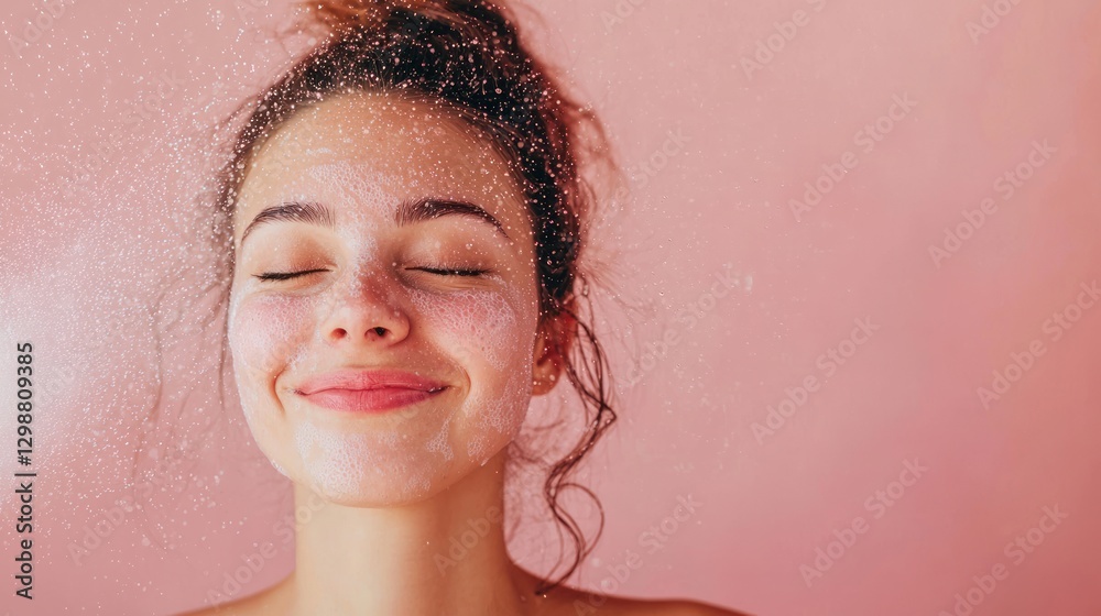 Naklejka premium A woman spraying organic rosewater mist on her face with a smile