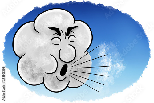 illustration of a gray cartoon cloud blowing wind in blue sky