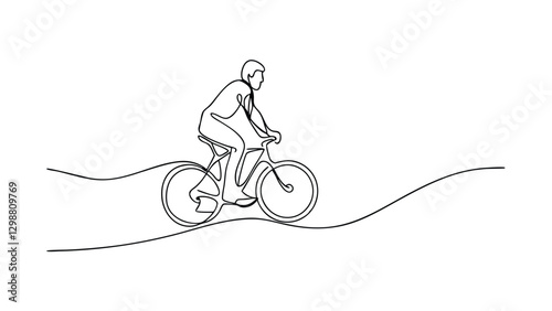 A minimalist line drawing depicts a man cycling on a gently undulating road. The image uses a single continuous line, creating a simple yet evocative scene of outdoor activity.