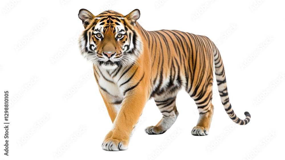 Fototapeta premium Tiger walking isolated on white background showcasing wildlife, animal behavior, conservation, and powerful predators in natural habitat photography.