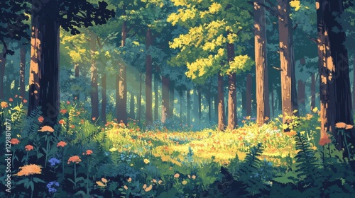 sunlit forest glade with wildflowers