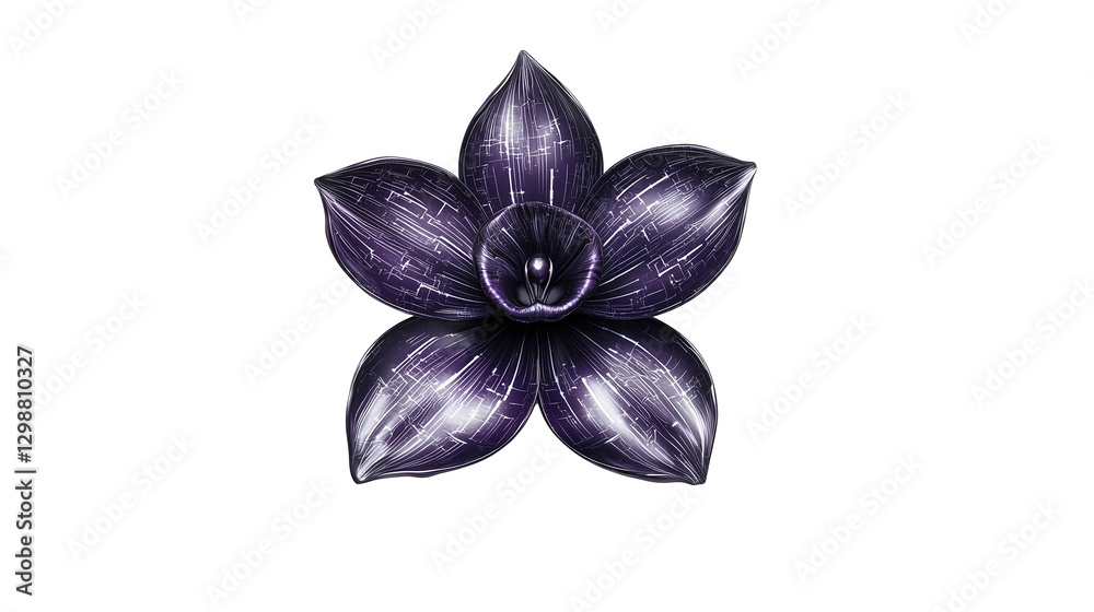 Naklejka premium A 3D-Rendered Orchid with Glossy Metallic Petals in Shades of Silver and Purple, with Glowing Veins Resembling Circuit Patterns, Isolated on a Transparent Background, Generated AI