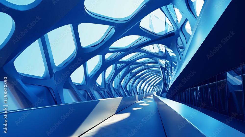 Fototapeta premium Futuristic Blue Architecture Bridge Geometric Design Urban Cityscape Modern Landscape Abstract Skyline Contemporary Building Exterior