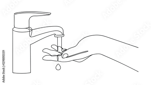 Line drawing shows a hand washing under a tap with soap nearby. Clean water flows over the hand, emphasizing hygiene and infection prevention.