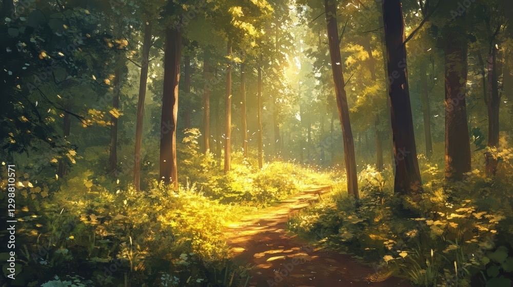 Fototapeta premium sunlit forest path magical woodland scene