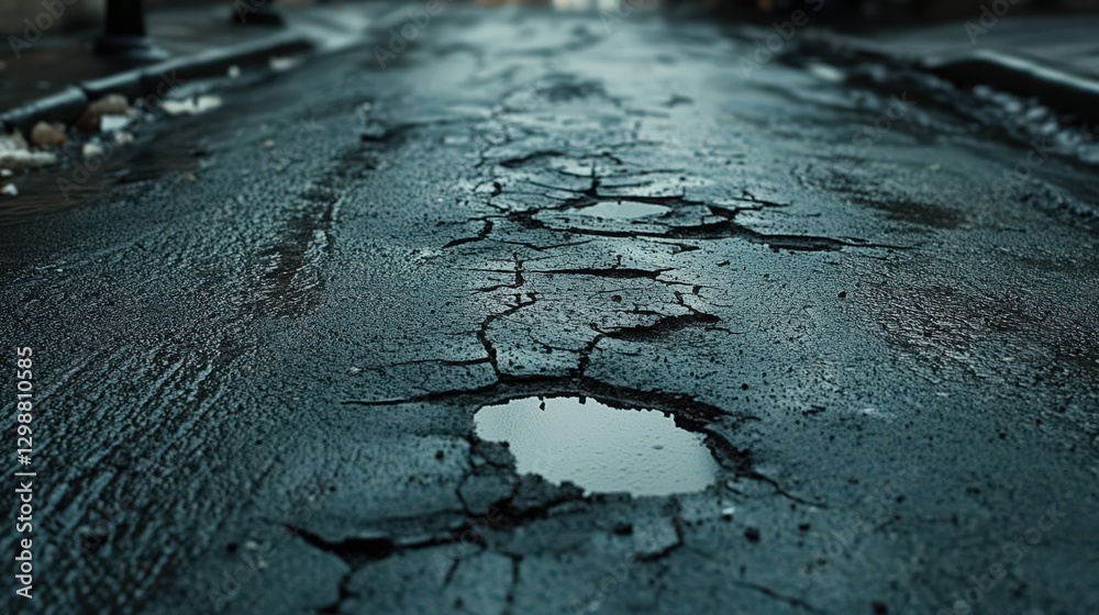 Cracked wet asphalt road surface showing potholes