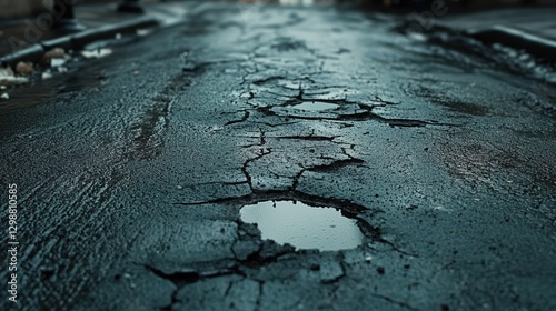 Obraz na płótnie Cracked wet asphalt road surface showing potholes w salonie