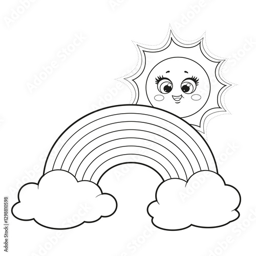 Cute sun peeking out from behind the rainbow outlined for coloring page isolated on white background