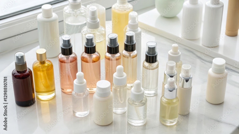 A collection of various skincare bottles in different shapes and colors, arranged neatly on a surface with soft lighting. A collection of various skincare bottles in different shapes and colors, arranged neatly on a surface with soft lighting.