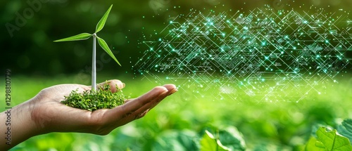 Innovative business leader showcasing green energy solutions in agricultural field outdoor presentation eco-friendly concept