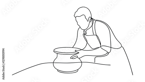 Potter crafting clay pottery, artisan workshop, single line art