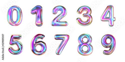 Glossy holographic iridescent numbers from balloons on transparent background