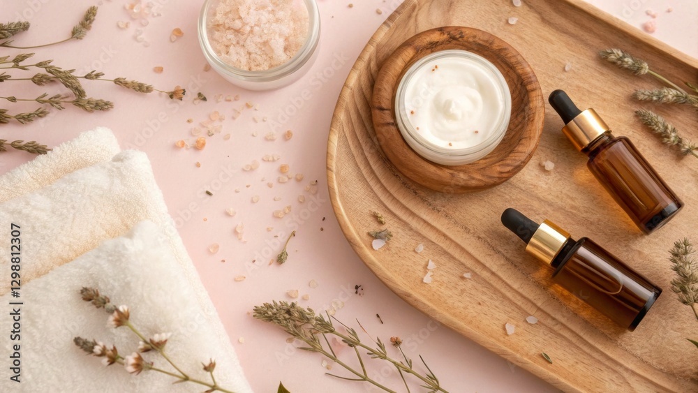 A serene arrangement of skincare products, including oils and creams, on a wooden tray surrounded by dried flowers against a soft pink background. A serene arrangement of skincare products, including oils and creams, on a wooden tray surrounded by dried flowers against a soft pink background.