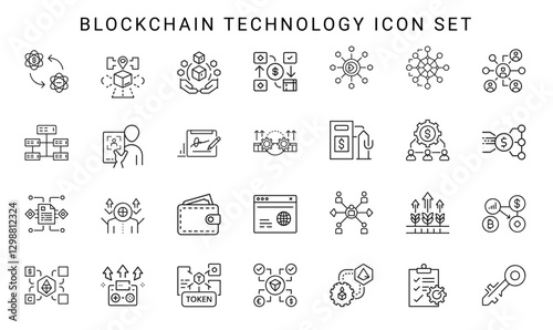 blockchain distributed database line icon set, scalability block size privacy regulation