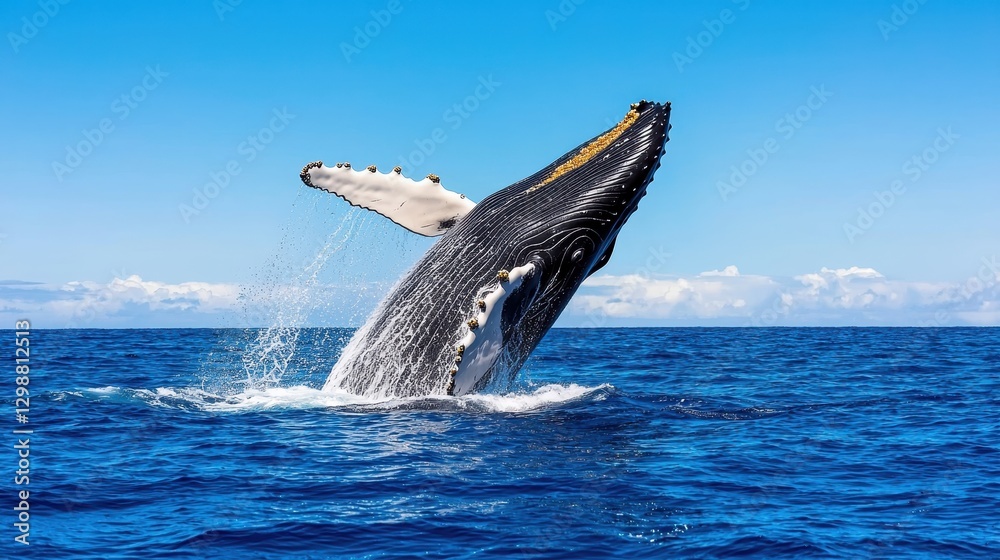 Fototapeta premium Majestic Humpback Whale Breaching Ocean Surface Under Clear Blue Sky