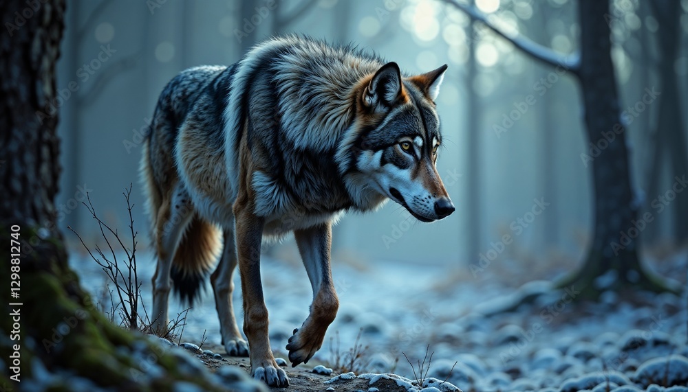 Fototapeta premium Wild wolf walking through a snowy forest with a mysterious atmosphere