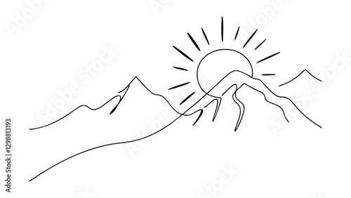 A singleline drawing depicts a sun rising behind a minimalist mountain range. Simple, elegant, and evocative of natures beauty. Clean lines create a serene landscape.
