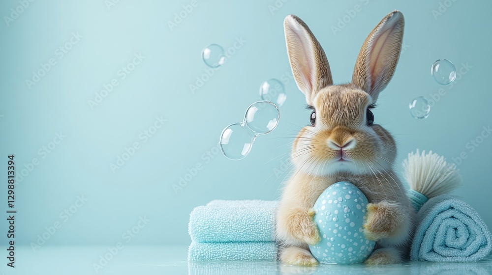 Obraz premium Cute Easter bunny surrounded by towels, bath products, holds Easter egg in a bathroom setting. Easter greetings from wellness and spa salon. Happy Easter. With copy space