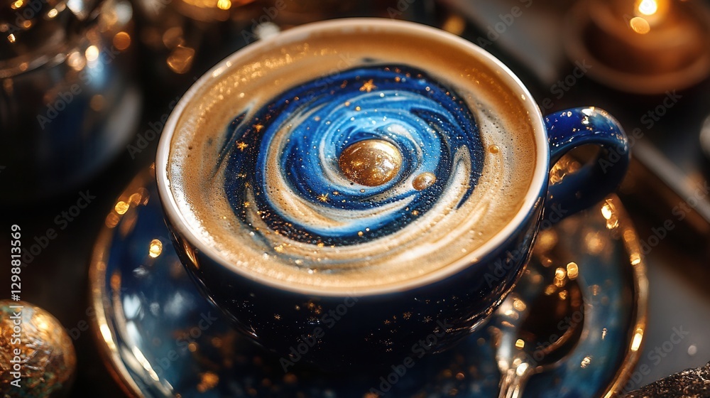 a latte with foam art resembling a galaxy, featuring swirling stars and planets, served on a cosmic-themed table. a latte with foam art resembling a galaxy, featuring swirling stars and planets, served on a cosmic-themed table.
