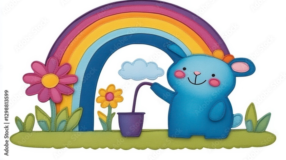 Fototapeta premium Cute Blue Bear with Rainbow and Flowers in Whimsical Design