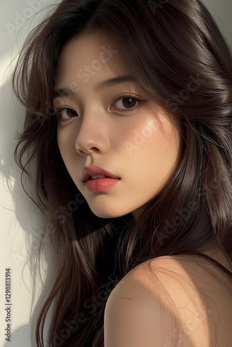 Asian Female in Studio Setting - Young Woman on White Background with Soft Shadows - Styled Messy Long Hair - Portrait of Eastern Beauty for Fashion or Cosmetic Model - Sunlight Casted Warm Setting