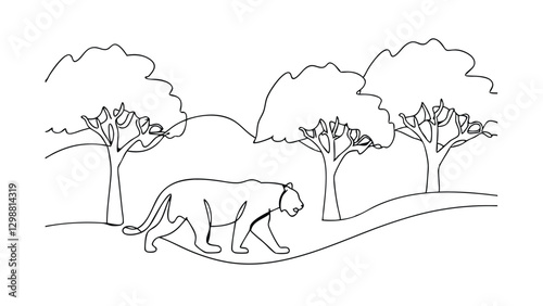 A continuous line drawing depicts a tiger strolling through a simple landscape featuring rolling hills and sparse trees. Minimalist style, black ink on white background.