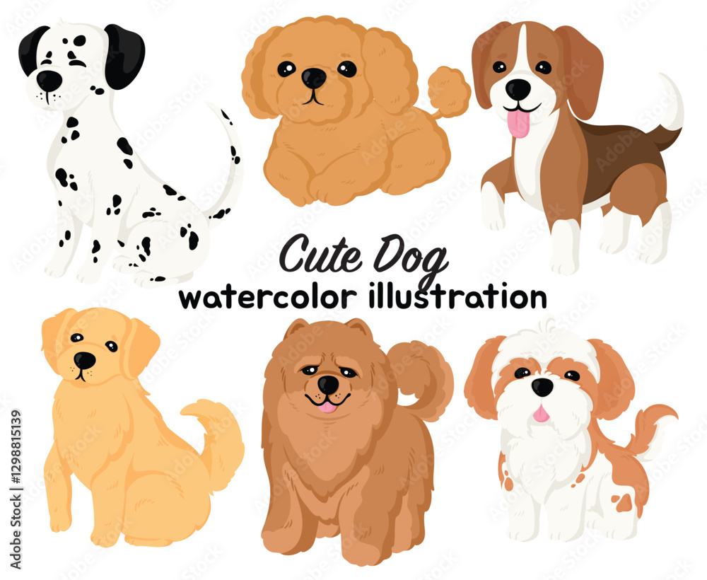 Obraz premium Watercolor illustration of cute dog breeds in a charming and artistic hand-painted style