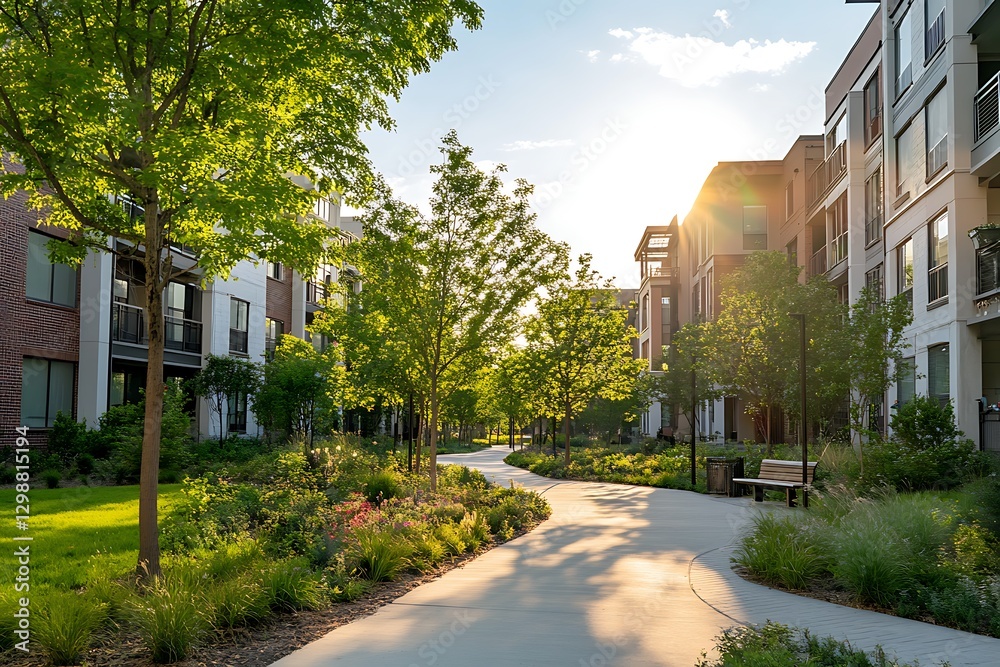 Sunlit Pathway through Modern Apartment Complex Sunlit Pathway through Modern Apartment Complex