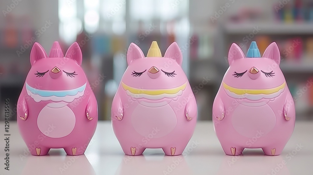 Obraz premium Cute Colorful Cartoon Pig Figures on Display with Soft Background