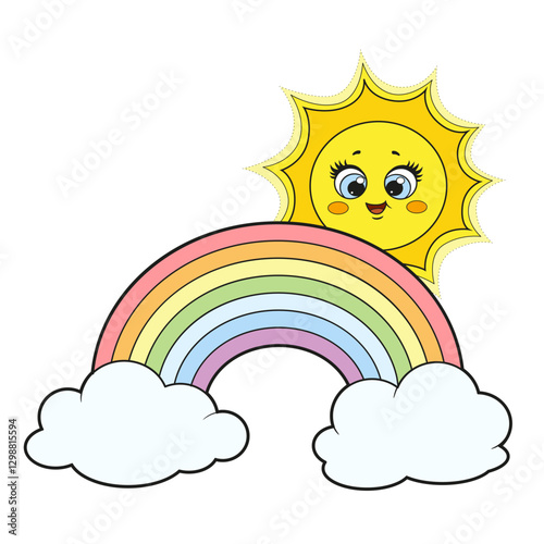 Cute sun peeking out from behind the rainbow isolated on white background