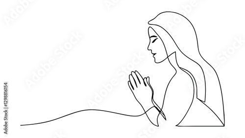 A minimalist line drawing depicts a woman in profile, her hands clasped in prayer, suggesting devotion, peace, and spirituality. The single continuous line style emphasizes elegance and simplicity.