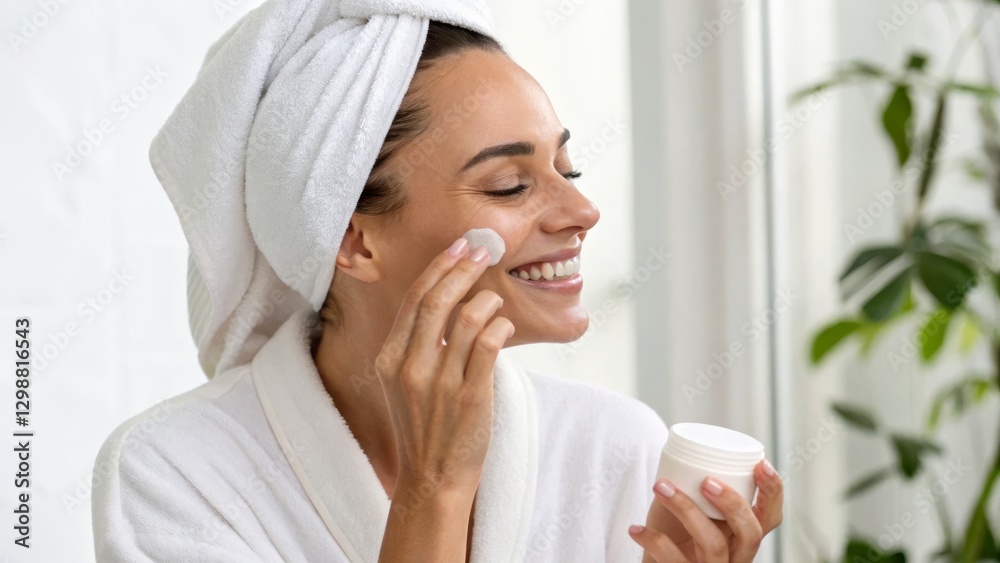 A woman applies skincare cream while smiling, wrapped in a towel, creating a serene and rejuvenating atmosphere in a bright space. A woman applies skincare cream while smiling, wrapped in a towel, creating a serene and rejuvenating atmosphere in a bright space.