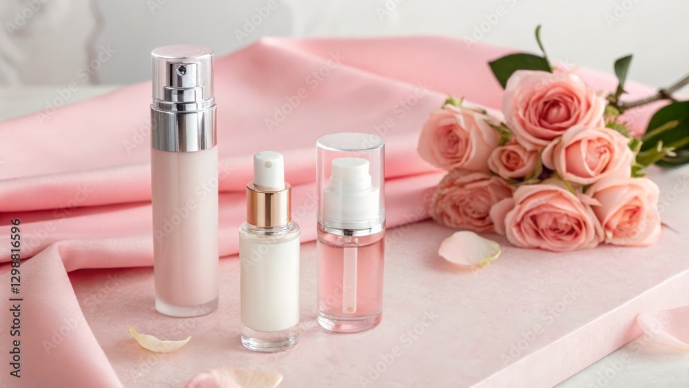 A serene arrangement of beauty products on a soft pink fabric, accompanied by delicate roses, reflecting elegance and self-care. A serene arrangement of beauty products on a soft pink fabric, accompanied by delicate roses, reflecting elegance and self-care.