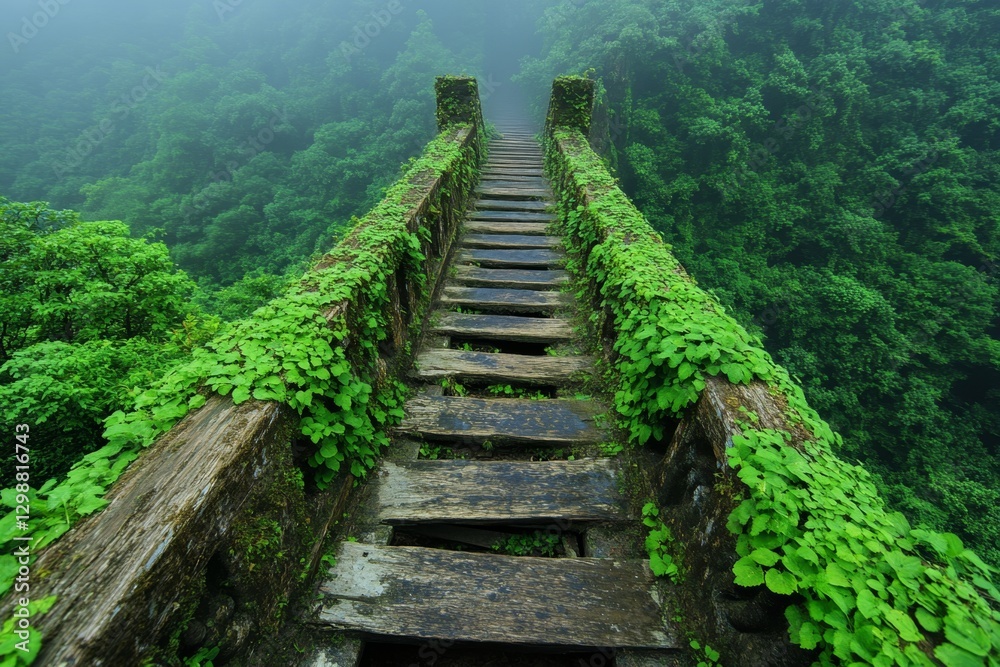 Fototapeta premium A haunting abandoned footbridge covered in ivy and fog, stretching over a dark forest