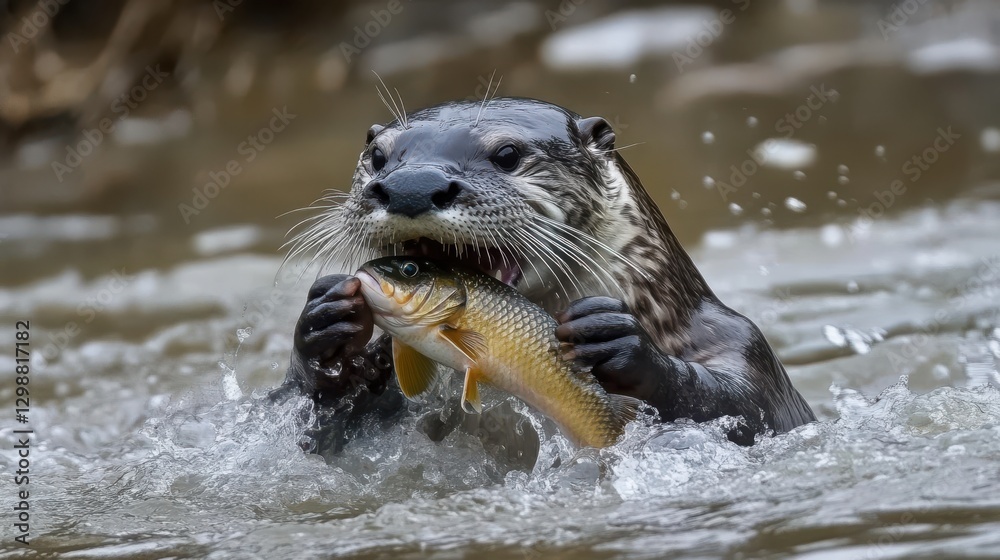 North american river otter catching a fish in a river North american river otter catching a fish in a river