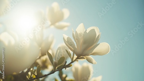 Sunlit magnolia blossoms against a clear blue sky capturing spring's tranquil beauty