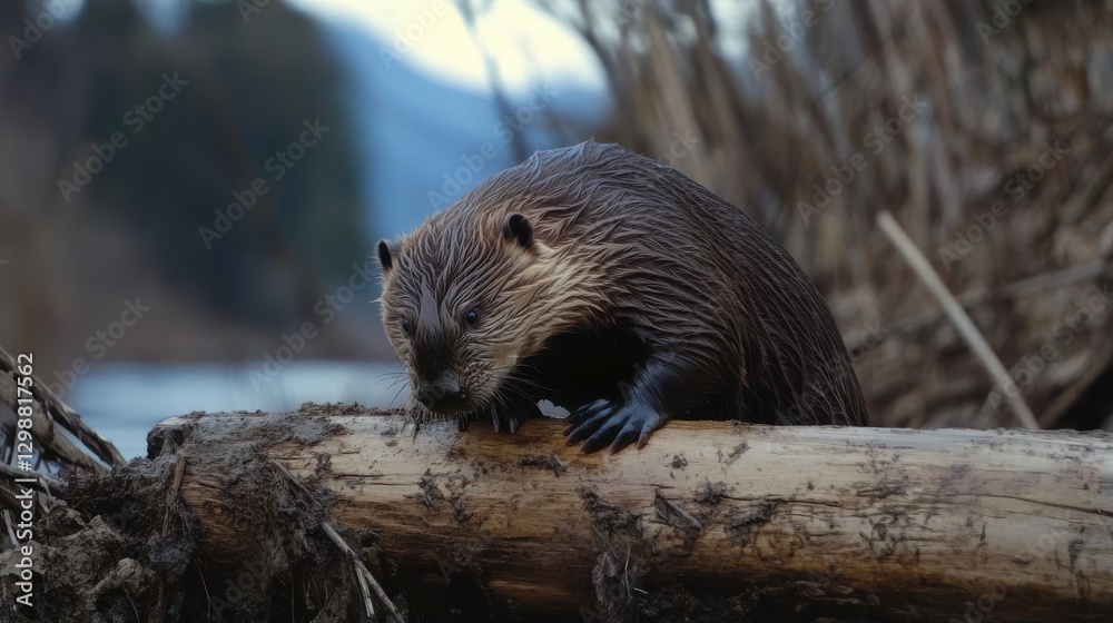 Wet beaver climbing on a log after sunset Wet beaver climbing on a log after sunset