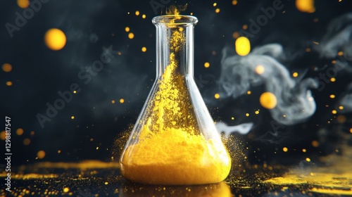 Vibrant Yellow Powder in a Laboratory Flask with Swirling Dust Effects