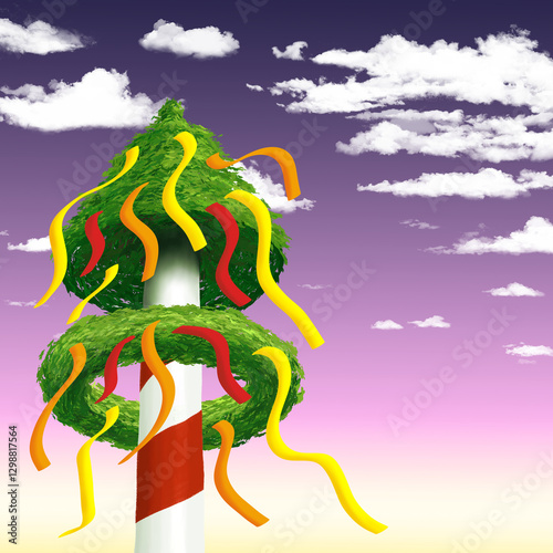 illustration of a cartoon maypole with colorful ribbons against a blue sky