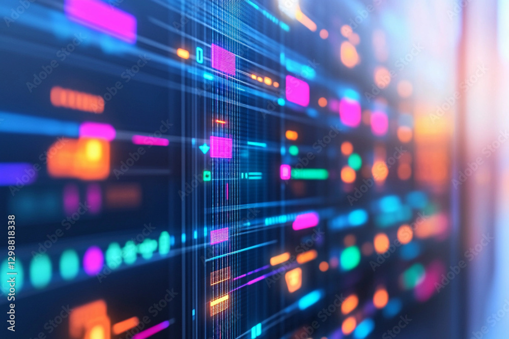 Obraz premium Digital control panel displaying a vibrant network of interconnected data streams and nodes in a modern technological environment