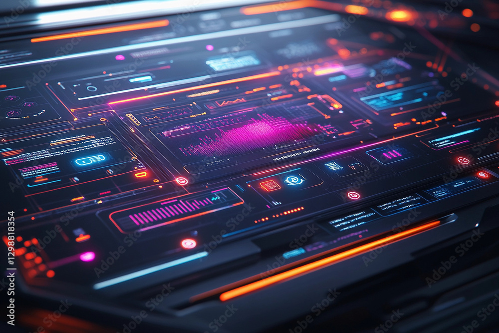 Obraz premium Detailed digital control panel displaying a complex network of interconnected systems and data visualizations