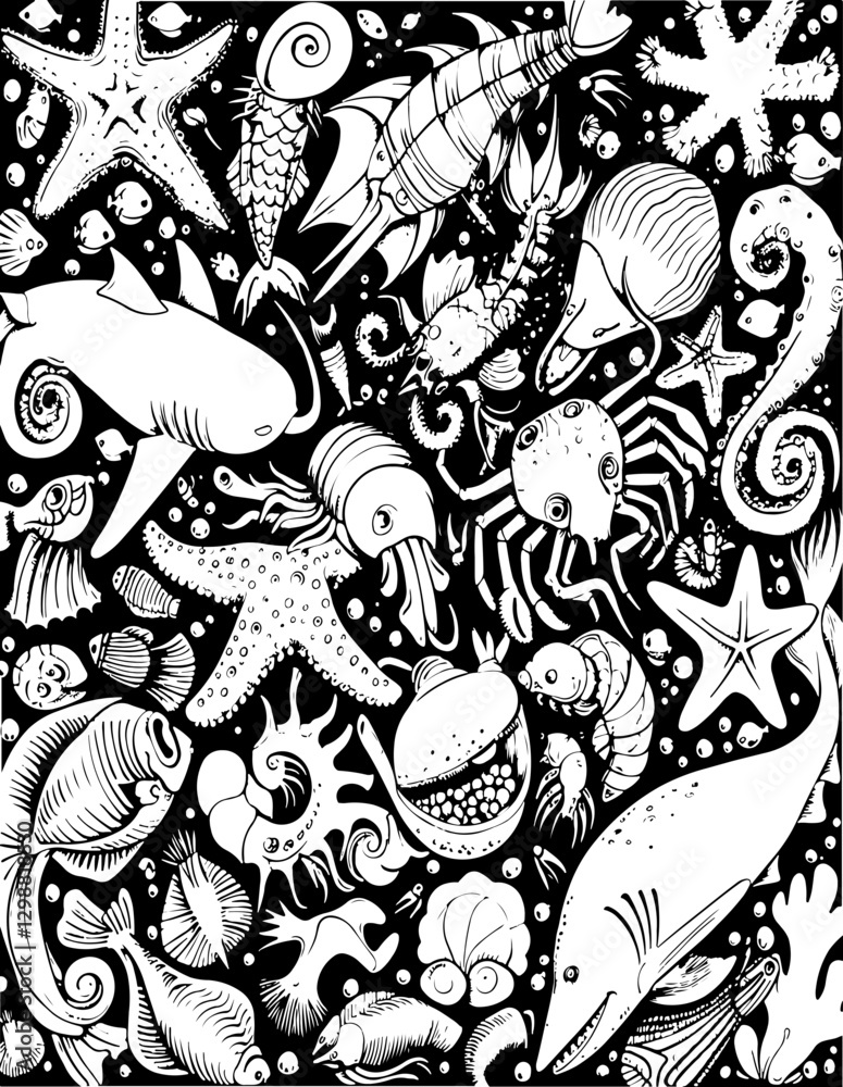 Naklejka premium pattern, vector, seamless, cartoon, animal, design, illustration, doodle, wallpaper, flower, art, set, drawing, sketch, decoration, floral, fish, cat, cute, icon, element, leaf, ornament, texture, bir